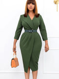 Half Sleeves Lapel Belted Midi Dresses Loveclb