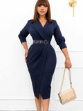 Half Sleeves Lapel Belted Midi Dresses Loveclb