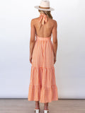 Halter Sleeveless Backless Plaid Maxi Dresses Loveclb