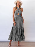 Halter Sleeveless Backless Plaid Maxi Dresses Loveclb