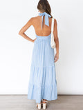 Halter Sleeveless Backless Plaid Maxi Dresses Loveclb