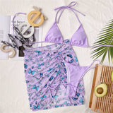 Premium Halter Butterfly Printed Bikini Set With Beach Cover Up Skirt