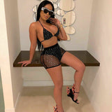 Mesh Rhinestone 2 Piece Set Bikini Top And Shorts