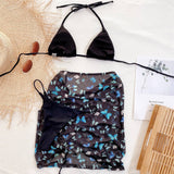 Premium Halter Butterfly Printed Bikini Set With Beach Cover Up Skirt