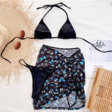 Premium Halter Butterfly Printed Bikini Set With Beach Cover Up Skirt