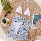 Premium Halter Butterfly Printed Bikini Set With Beach Cover Up Skirt