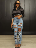 High Waist Ripped Hollow Out Denim Pants