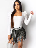 High Waist Tassel Hem Short Jeans