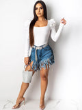 High Waist Tassel Hem Short Jeans Loveclb