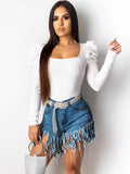 High Waist Tassel Hem Short Jeans Loveclb