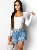 High Waist Tassel Hem Short Jeans Loveclb