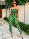 Leopard Mesh Off Shoulder Ruffle Long Jumpsuit Loveclb