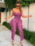 Leopard Mesh Off Shoulder Ruffle Long Jumpsuit Loveclb