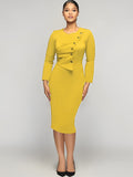 Long Sleeve Button Ruched Midi Dresses Loveclb