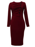 Long Sleeve Button Ruched Midi Dresses Loveclb