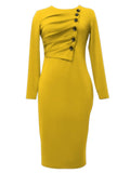 Long Sleeve Button Ruched Midi Dresses Loveclb