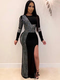 Long Sleeve Hot Drilling Sequins High Split Maxi Dresses Loveclb