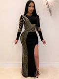 Long Sleeve Hot Drilling Sequins High Split Maxi Dresses Loveclb