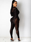 Long Sleeve Mesh Leopard Print Club Jumpsuit Loveclb