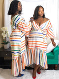 Long Sleeve Off Shoulder Striped Ruffle Dresses Loveclb