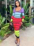 Long Sleeve V Neck Striped Maxi Dresses Loveclb