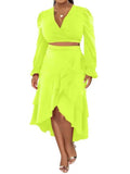 Long Trumpet Sleeve Strappy Crop Top & Ruffle Midi Skirt Loveclb