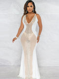 Mesh Patchwork Sequin Spaghetti Strap Maxi Dress Loveclb