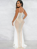 Mesh Patchwork Sequin Spaghetti Strap Maxi Dress Loveclb