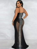 Mesh Patchwork Sequin Spaghetti Strap Maxi Dress Loveclb