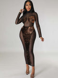 Mesh Sequin Patchwork Long Sleeve Midi Dresses Loveclb