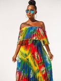 Off Shoulder Colorful Ombre Pleated Maxi Dresses Loveclb