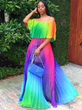 Off Shoulder Colorful Ombre Pleated Maxi Dresses Loveclb