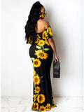 Off Shoulder Gradient Color Ruffle Floral Print Maxi Dresses Loveclb