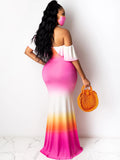 Off Shoulder Gradient Color Ruffle Floral Print Maxi Dresses Loveclb