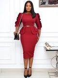 Office Lady Ruffle Long Sleeve Peplum Waist Pencil Dresses Loveclb