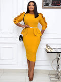 Office Lady Ruffle Long Sleeve Peplum Waist Pencil Dresses Loveclb