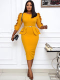 Office Lady Ruffle Long Sleeve Peplum Waist Pencil Dresses Loveclb