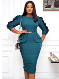 Office Lady Ruffle Long Sleeve Peplum Waist Pencil Dresses Loveclb