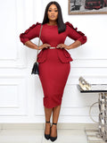 Office Lady Ruffle Long Sleeve Peplum Waist Pencil Dresses Loveclb