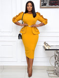 Office Lady Ruffle Long Sleeve Peplum Waist Pencil Dresses Loveclb