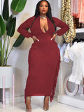 Plus Size Long Sleeve Tassel Maxi Dress Loveclb