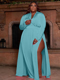 Plus Size Solid Color Long Sleeve High Split Maxi Dresses Loveclb