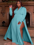 Plus Size Solid Color Long Sleeve High Split Maxi Dresses Loveclb