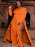 Plus Size Solid Color Long Sleeve High Split Maxi Dresses Loveclb