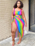 Plus Size Two Piece Rainbow Top + Skirt Suit Beach Swimsuits Loveclb