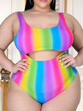 Plus Size Two Piece Rainbow Top + Skirt Suit Beach Swimsuits Loveclb