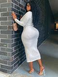 Plus Size V Neck Long Sleeve Bodycon Midi Dresses Loveclb