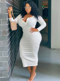 Plus Size V Neck Long Sleeve Bodycon Midi Dresses