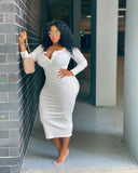 Plus Size V Neck Long Sleeve Bodycon Midi Dresses Loveclb