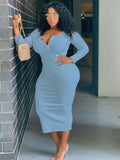 Plus Size V Neck Long Sleeve Bodycon Midi Dresses Loveclb